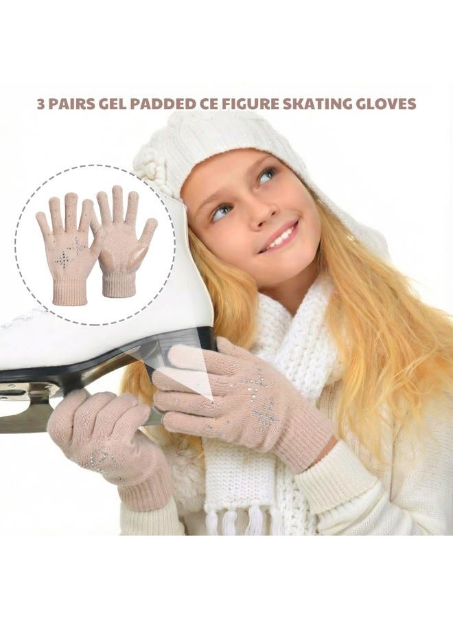 Toulite 3 Pairs Adult Winter Gloves, Non Slip Gel Grip Warm Gloves with Rhinestone Crystals for Ice Skating, Driving, Walking(Pink, Black, Nude) - Image 3