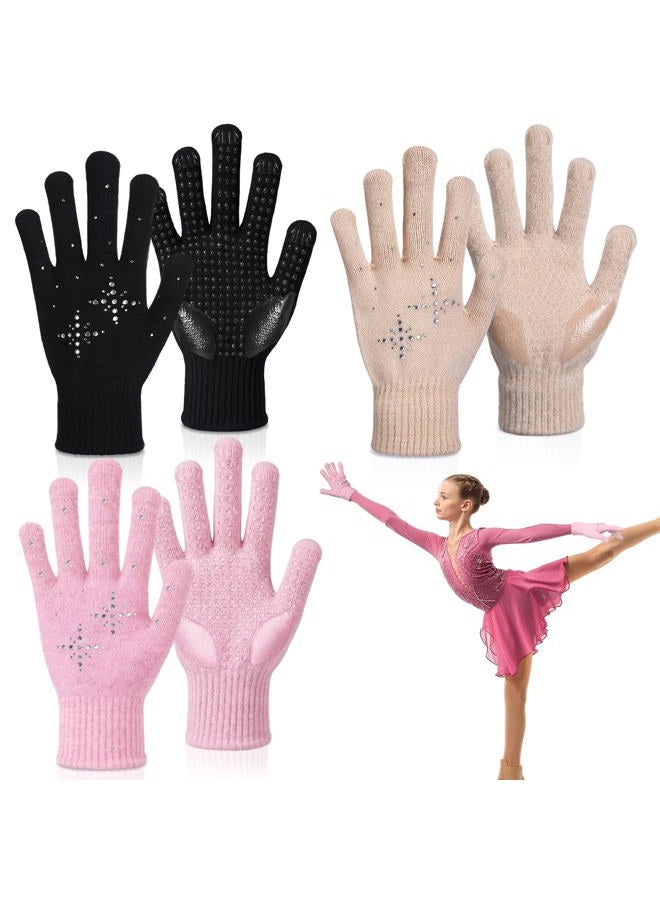 Toulite 3 Pairs Adult Winter Gloves, Non Slip Gel Grip Warm Gloves with Rhinestone Crystals for Ice Skating, Driving, Walking(Pink, Black, Nude) - Image 1