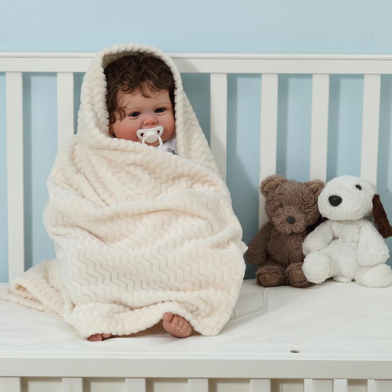 CREVENT Baby Welcome Gift Set Storage Basket with 2 Blankets+ 1 Security Blanket + 1 Taggie + 1 Gift Bag with Ribbon (Ivory) - Image 4