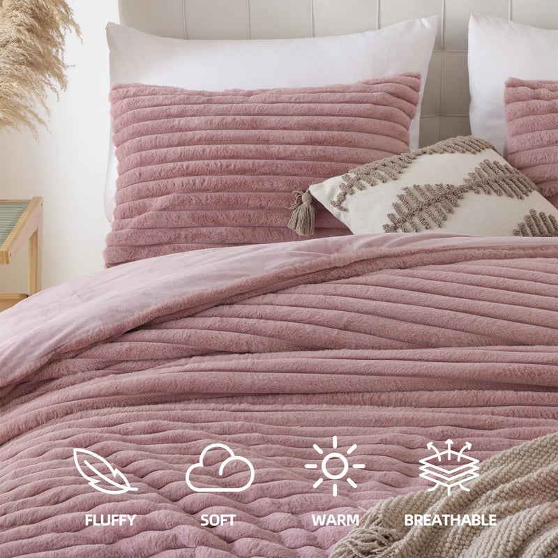 Smoofy Fluffy Queen Comforter Set 3 Pieces - Old Pink Fleece Fluffy Comforter Set, Luxury Fuzzy Queen Bedding Set, Soft Warm Bed Set All Season, Heavy Faux Fur Comforter with 2 Pillow Cases - Image 2