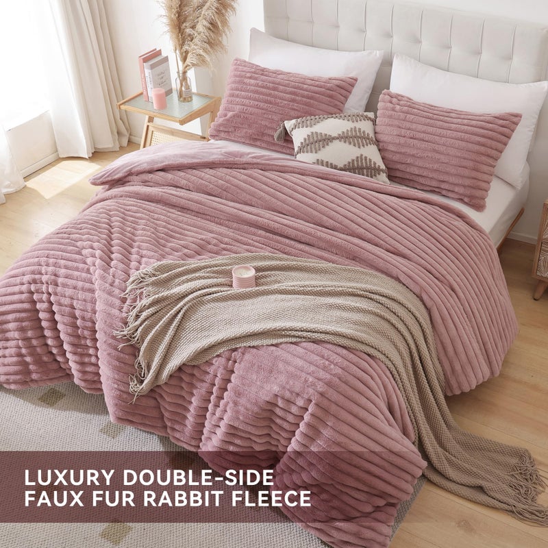 Smoofy Fluffy Queen Comforter Set 3 Pieces - Old Pink Fleece Fluffy Comforter Set, Luxury Fuzzy Queen Bedding Set, Soft Warm Bed Set All Season, Heavy Faux Fur Comforter with 2 Pillow Cases - Image 4