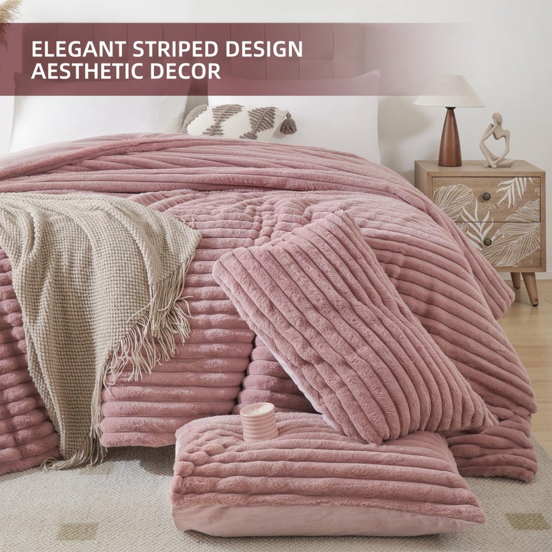 Smoofy Fluffy Queen Comforter Set 3 Pieces - Old Pink Fleece Fluffy Comforter Set, Luxury Fuzzy Queen Bedding Set, Soft Warm Bed Set All Season, Heavy Faux Fur Comforter with 2 Pillow Cases - Image 3