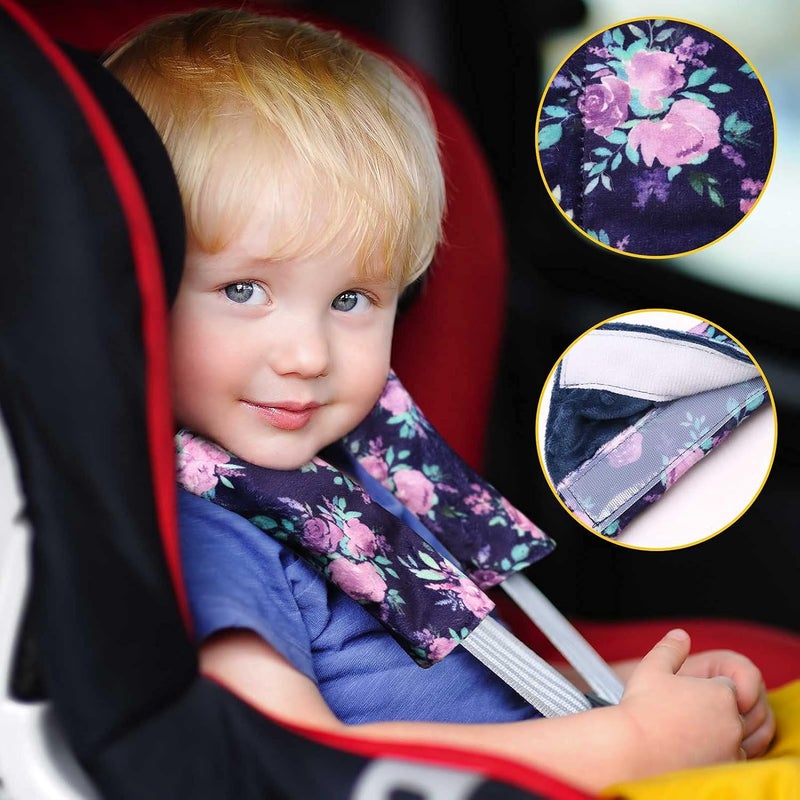TANOFAR Baby Car Seat Belt Covers, Purple Flower Car Seat Strap Covers for Boys Girls, Fleece Stroller Strap Cover for Kids, Soft Car Seat Neck Cover, Newborn Car Seat Straps Shoulder Protectors, 2 Pack - Image 4