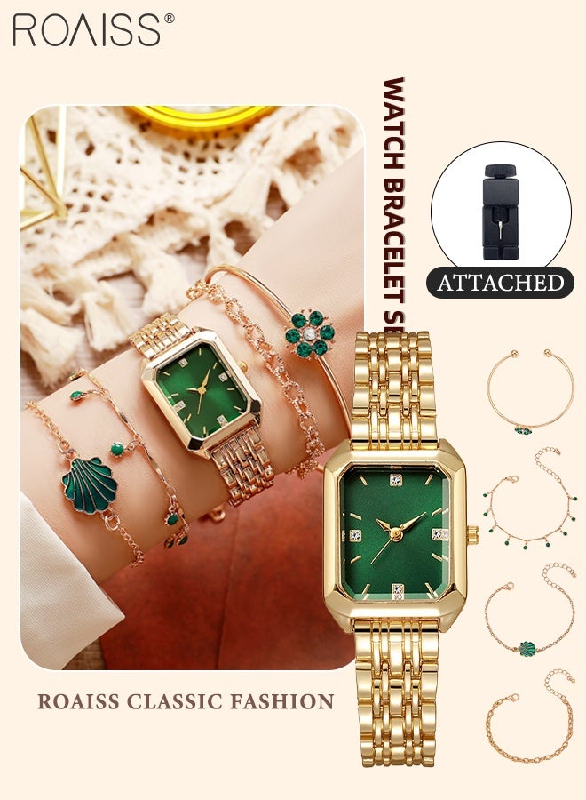 roaiss 5Pcs Women's Gold Quartz Watch Set, Analog Display Square Green Dial, Luxury Fashion Wristwatch with Retro Flowers Exquisite Bracelet, as Gift for Ladies - Image 1