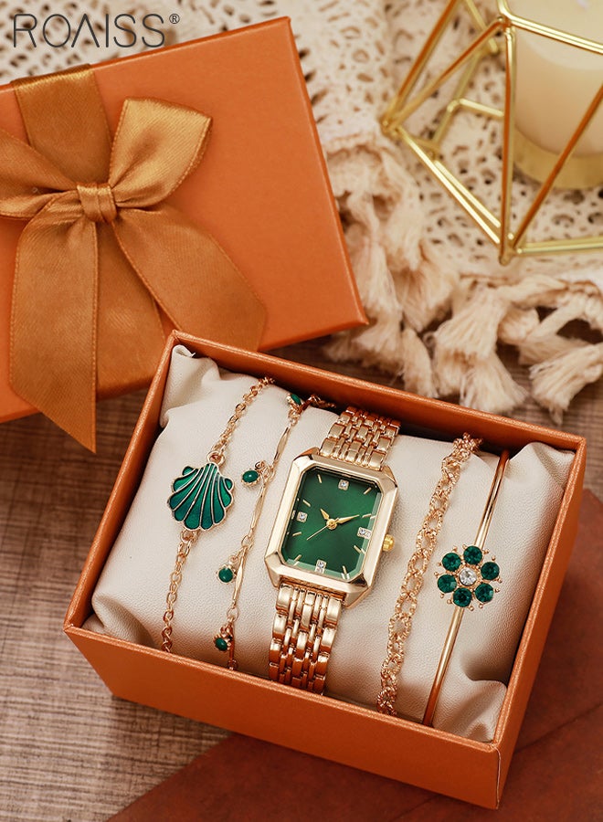 roaiss 5Pcs Women's Gold Quartz Watch Set, Analog Display Square Green Dial, Luxury Fashion Wristwatch with Retro Flowers Exquisite Bracelet, as Gift for Ladies - Image 5