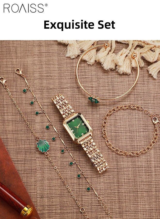 roaiss 5Pcs Women's Gold Quartz Watch Set, Analog Display Square Green Dial, Luxury Fashion Wristwatch with Retro Flowers Exquisite Bracelet, as Gift for Ladies - Image 3