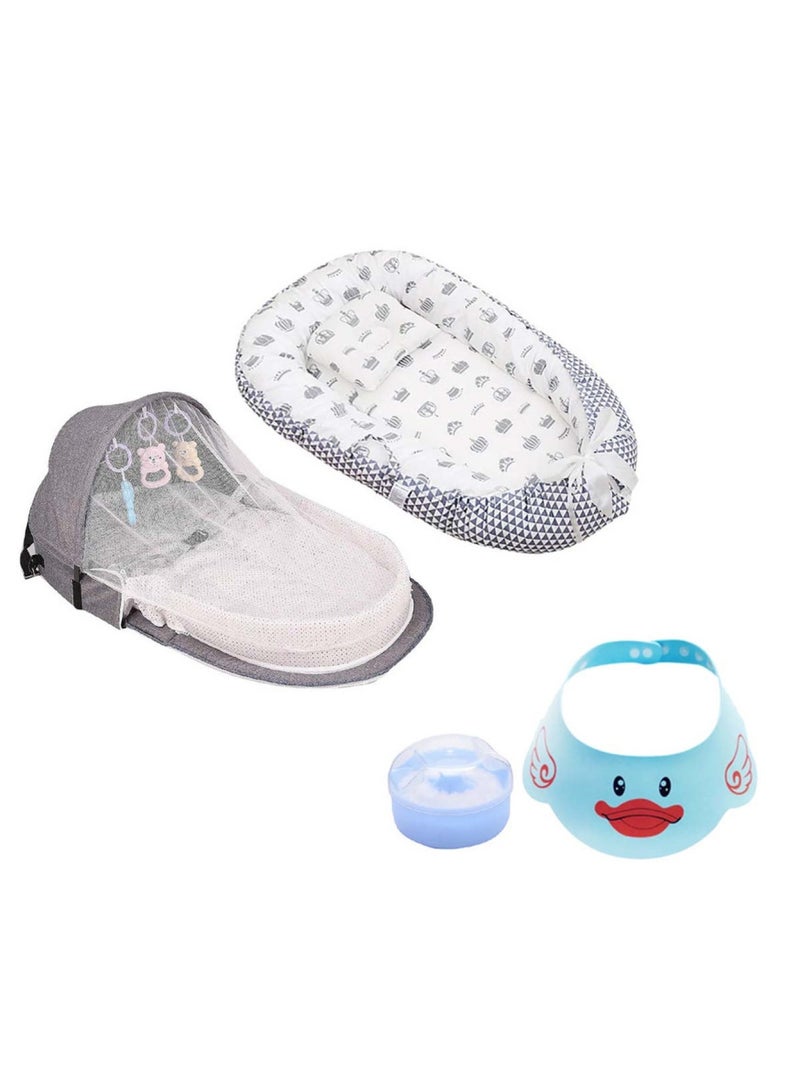 STAR BABiES Combo Pack Baby Sleeping Bed Baby Mosquito Bed With Free Shower Cap Powder Puff - Grey - Image 1