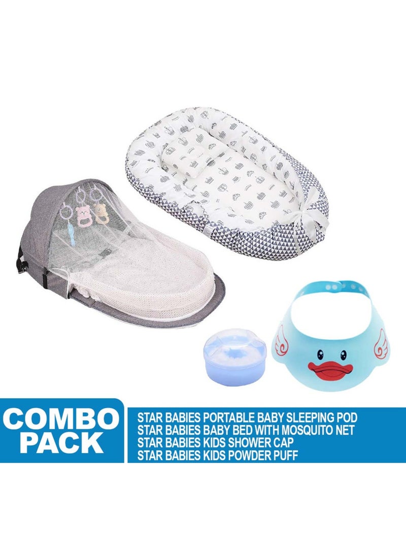 STAR BABiES Combo Pack Baby Sleeping Bed Baby Mosquito Bed With Free Shower Cap Powder Puff - Grey - Image 2