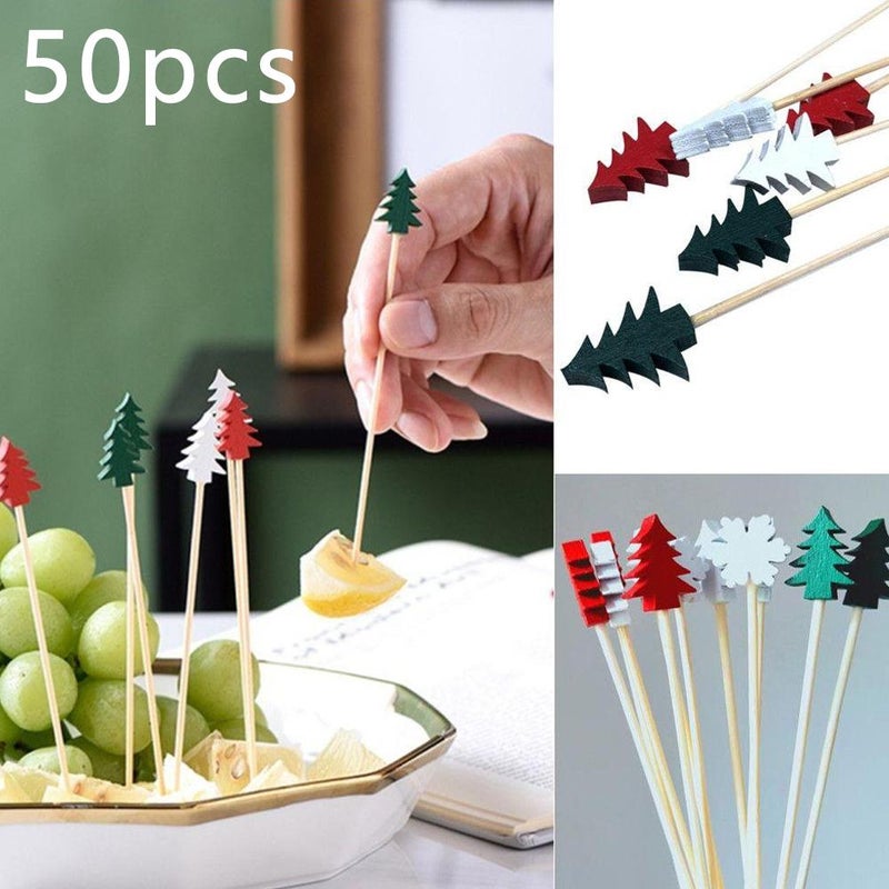 50pcs Christmas fruit sticks, disposable bamboo sticks, snowflakes, Christmas trees, reindeer, Santa Claus, snowmen - Image 3
