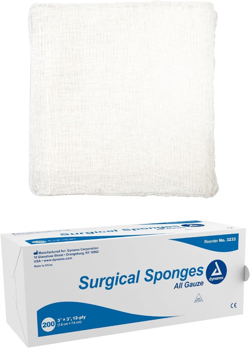Dynarex Dynarex Surgical Gauze Sponges- Absorbent Cotton Fabric with Folded Edges - Soft, Durable, Non-Sterile Dressing - 3x3, 12-Ply - Sleeve of 200 Sponges 