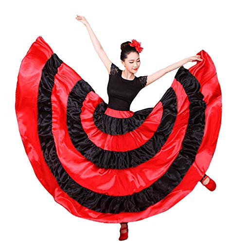 lontakids Womens Spanish Bull Dance Skirt Belly Dance Skirt Big Swing Flamenco Costume (540 Degree, Red) - Image 1