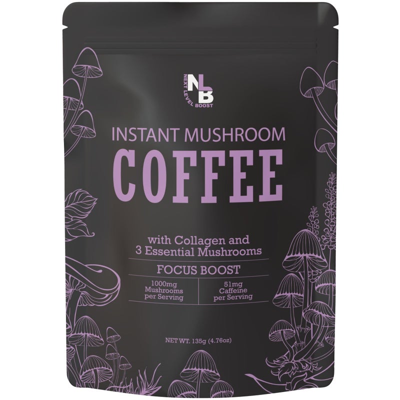 Focus Boost Organic Mushroom Instant Coffee - 135g, 15 Servings Pouch - Healthy Coffee alternative and Substitute - With Dynamine, Collagen, Lions Mane and Antioxidants - Image 1
