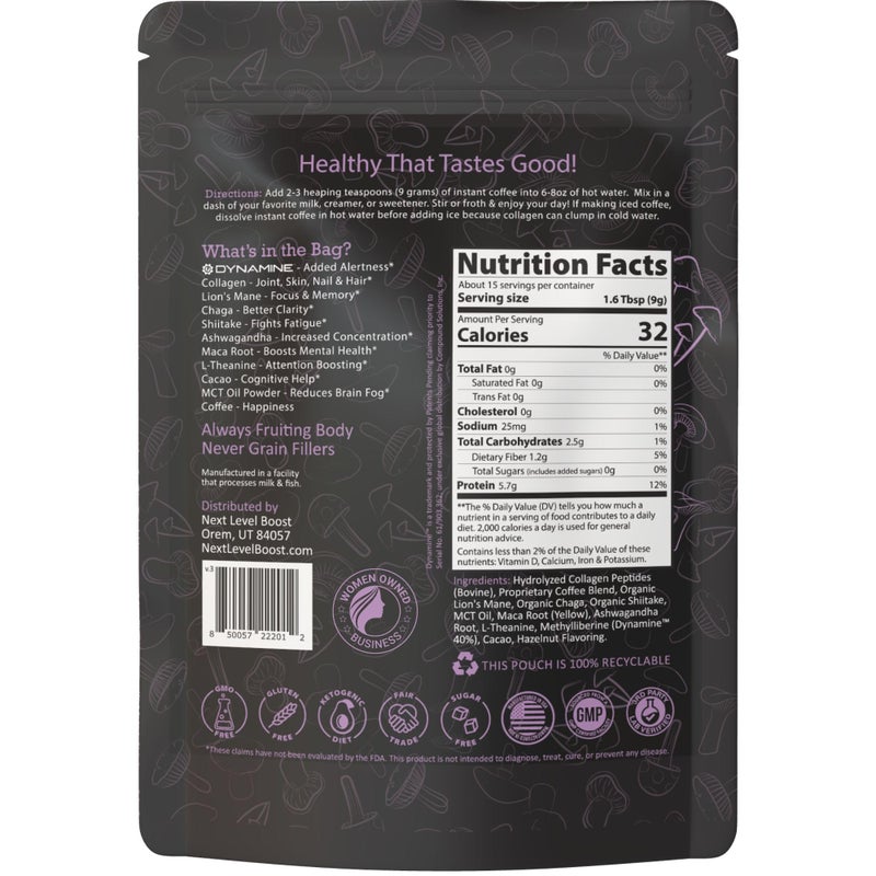 Focus Boost Organic Mushroom Instant Coffee - 135g, 15 Servings Pouch - Healthy Coffee alternative and Substitute - With Dynamine, Collagen, Lions Mane and Antioxidants - Image 2