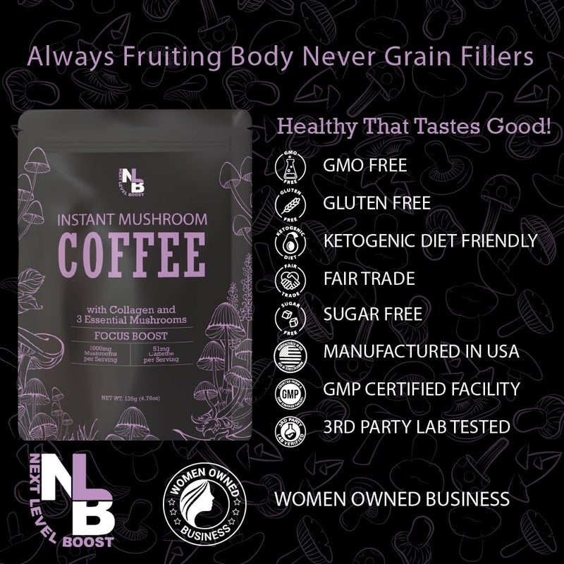 Focus Boost Organic Mushroom Instant Coffee - 135g, 15 Servings Pouch - Healthy Coffee alternative and Substitute - With Dynamine, Collagen, Lions Mane and Antioxidants - Image 3