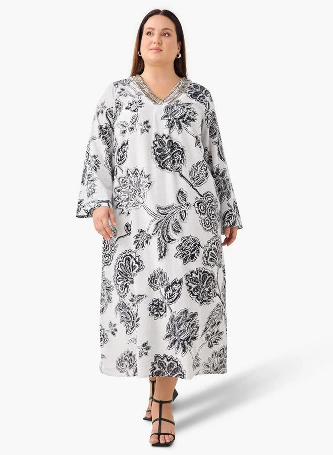 Ulla Popken Plus Size Ulla Popken Embellished V-neck Maxi Kaftan Dress