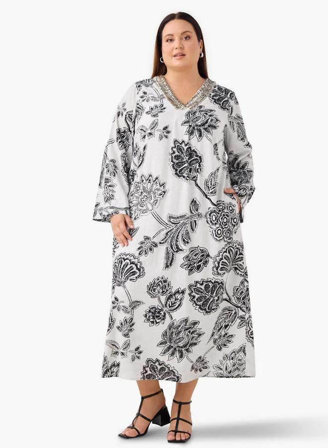 Ulla Popken Plus Size Ulla Popken Embellished V-neck Maxi Kaftan Dress