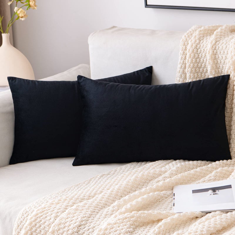 EMEMA Pack of 2 Velvet Throw Pillow Covers Decorative Rectangle Pillowcase Soft Solid Cushion Case for Sofa Bedroom Chair Car 12x20 Inch Black - Image 1