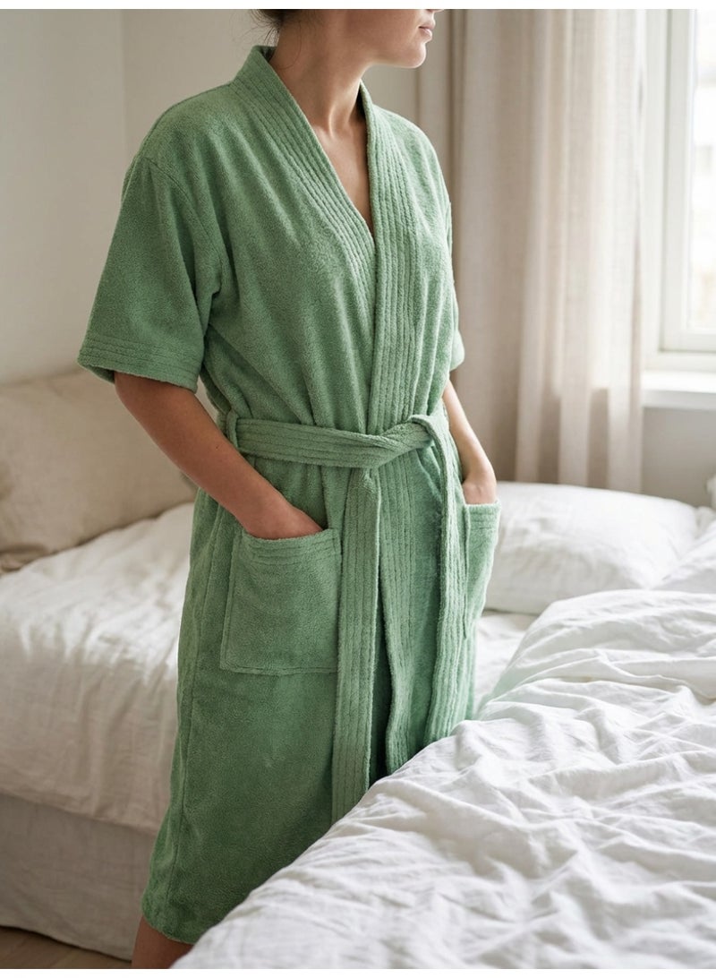 Ambrosia 100% Cotton Medium Terry Bathrobe Luxor Unisex Sage Green Wearable Blanket Comfort, Highly Absorbent Spa Hotel Robe Short Sleeve Loungewear Home Shower Wrap With Pockets - Image 4