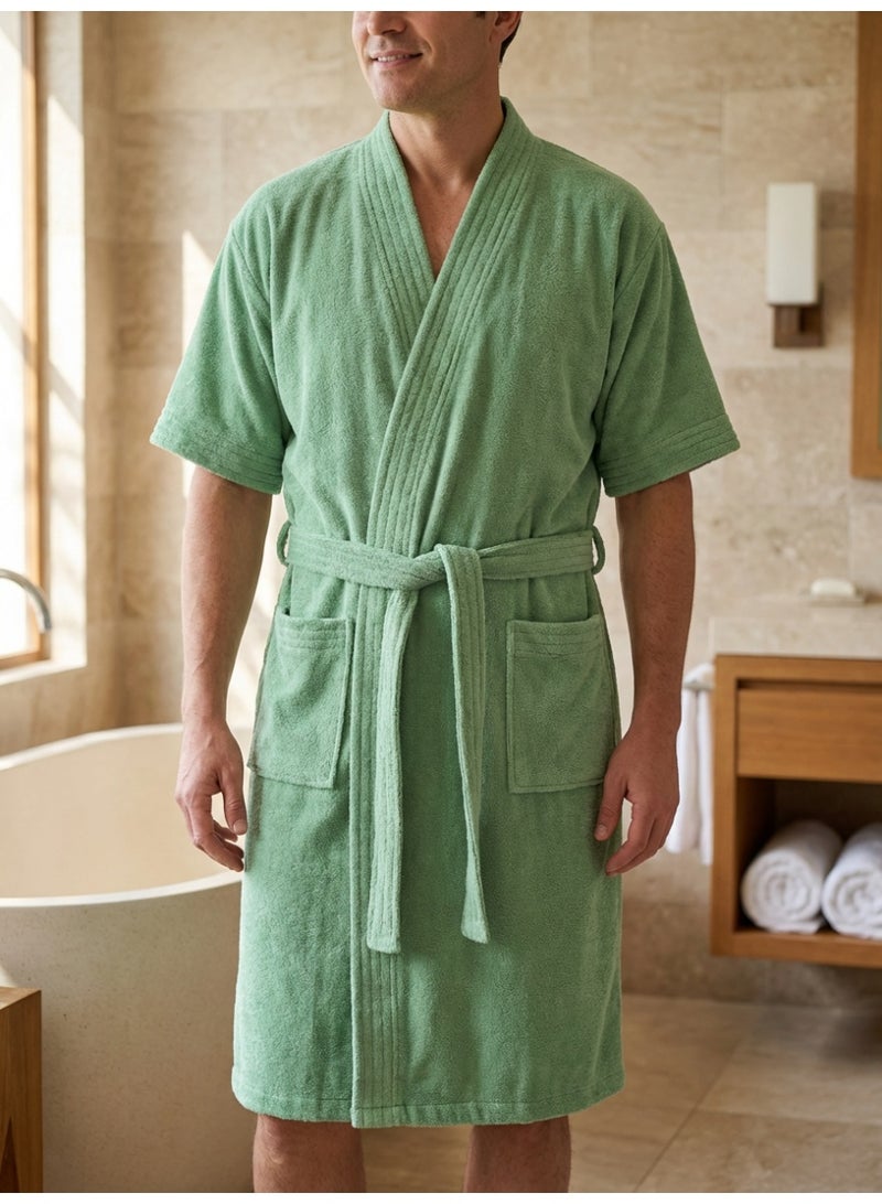 Ambrosia 100% Cotton Medium Terry Bathrobe Luxor Unisex Sage Green Wearable Blanket Comfort, Highly Absorbent Spa Hotel Robe Short Sleeve Loungewear Home Shower Wrap With Pockets - Image 3