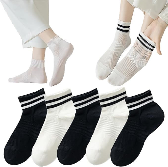 ChicAbode Ankle Socks,Thin Breathable Cotton Ankle Socks for Women,Fashion Striped Athletic Women's Socks,Mesh Women Above Crew Socks 5 Pairs - Image 1