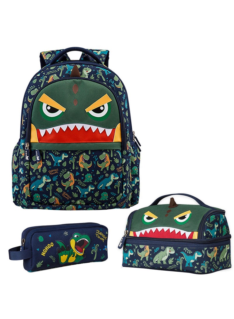 Nohoo Set Of 3 Kids 16 Inch School Bag With Lunch Bag And Pencil Case Dino - Green - Image 1