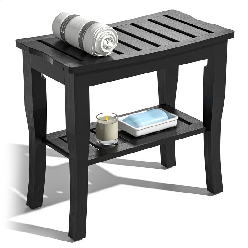 Domax Bamboo Shower Bench  Stool Waterproof  Wood Shower Bench with Storage Shelf for Inside ShowerBlack 