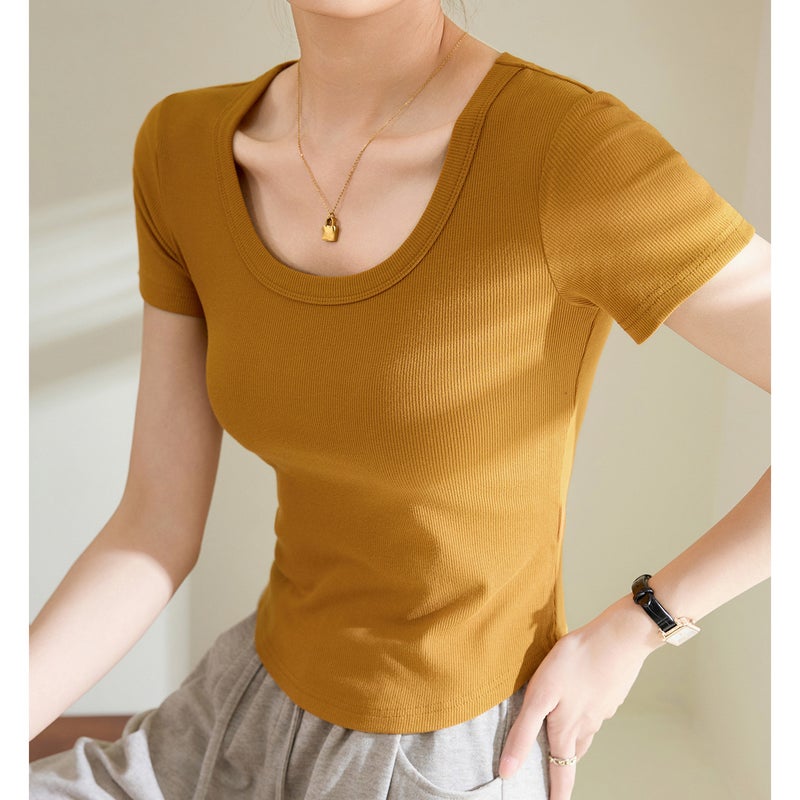 [Easy To Use] Curved T-Shirt Women'S Short-Sleeved 2025 High-Elastic Threaded Cotton Short Round Neck Bottoming Shirt - Image 1