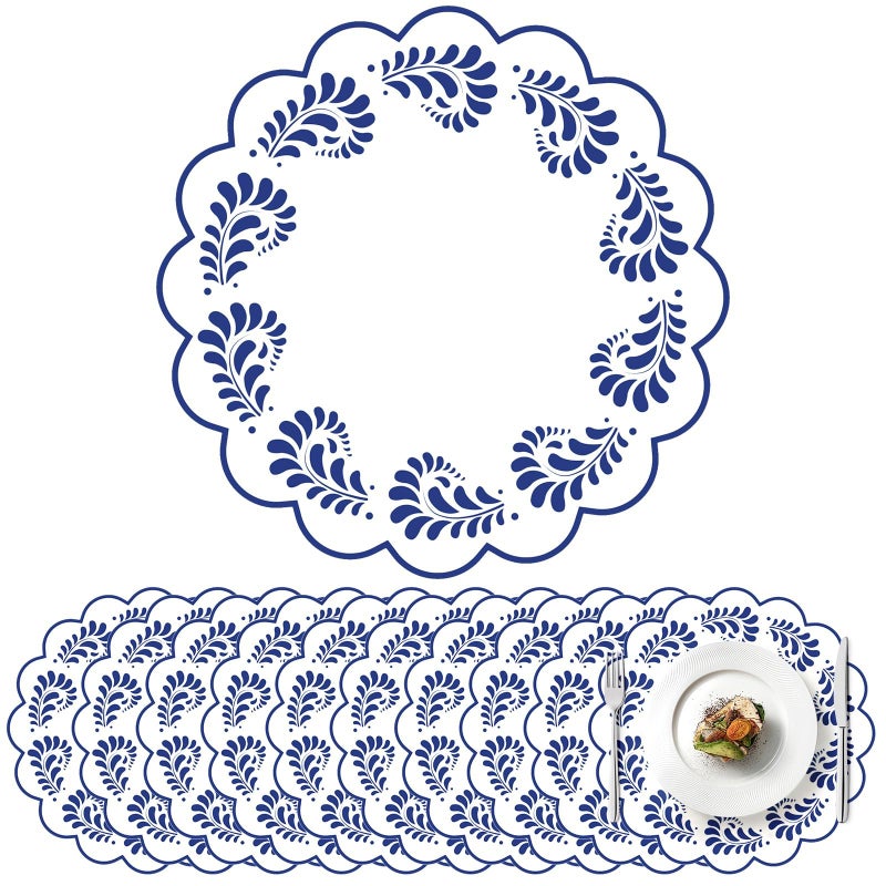 Stuffygreenus 100 Pcs Talavera Paper Placemats 13.5 Inches Scalloped Cantaritos De Barro Mexicanos Paper Placemats Disposable Blue and White Party Decorations for Mexican Wedding Baby Shower Party Decor - Image 1