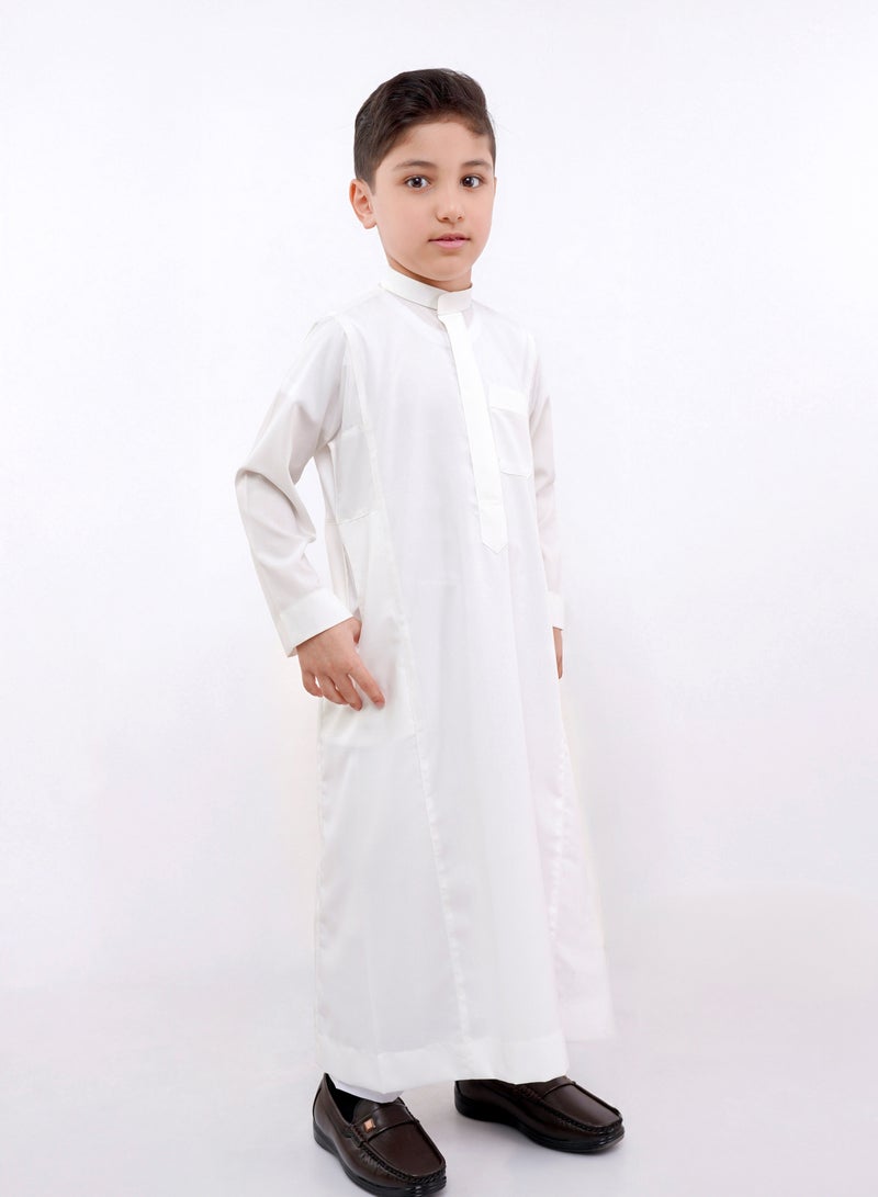 My school Saudi Thobe for boys Cream color- zipper (hidden) -Quarter standing fabric - Image 1