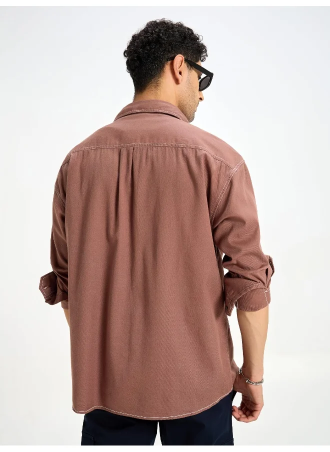 Beyoung Mauve Contrast Stitch Shirt for Men