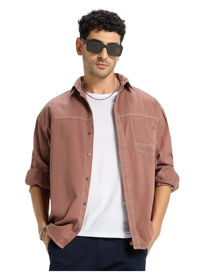 Beyoung Mauve Contrast Stitch Shirt for Men