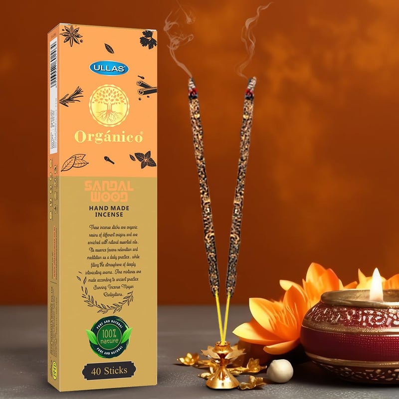 ULLAS Organico Agarbathi by Ullas Incense Sticks Sandalwood with Woody Fragrance 40 Sticks Free Agarbathi Stand Inside The Pack Agarbathi Incense Sticks with Woody Fragrance 40 Sticks Pack of 3  - Image 2
