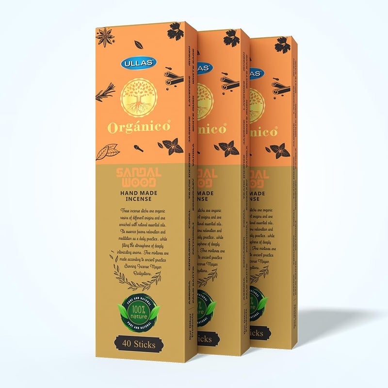 ULLAS Organico Agarbathi by Ullas Incense Sticks Sandalwood with Woody Fragrance 40 Sticks Free Agarbathi Stand Inside The Pack Agarbathi Incense Sticks with Woody Fragrance 40 Sticks Pack of 3  - Image 1