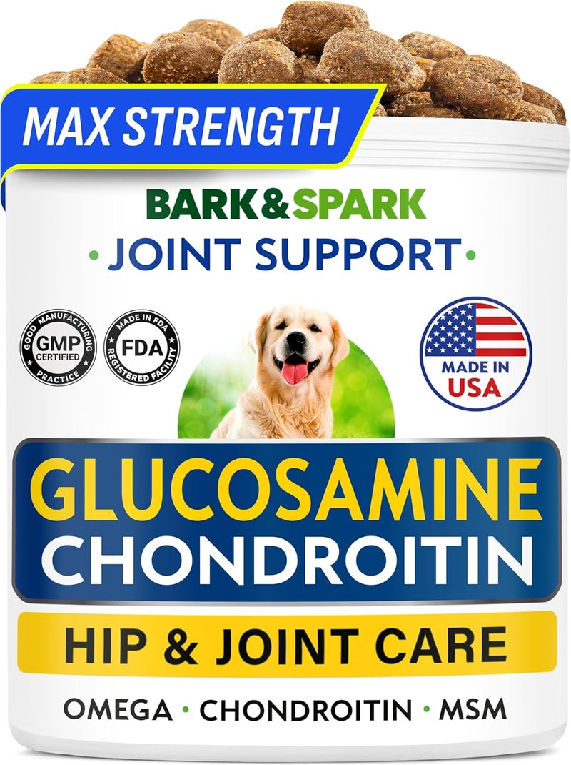 BARK&SPARK مكمل بارك آند سبارك الجلوكوزامين والكوندرويتين للكلاب لدعم مفاصل الورك - تخفيف آلام المفاصل - مضغات لدعم مفاصل الورك - دعم المفاصل للسلالات الكبيرة والصغيرة - حبوب فيتامين للكلاب المسنة لصحة المفاصل (120 قطعة) - Image 1