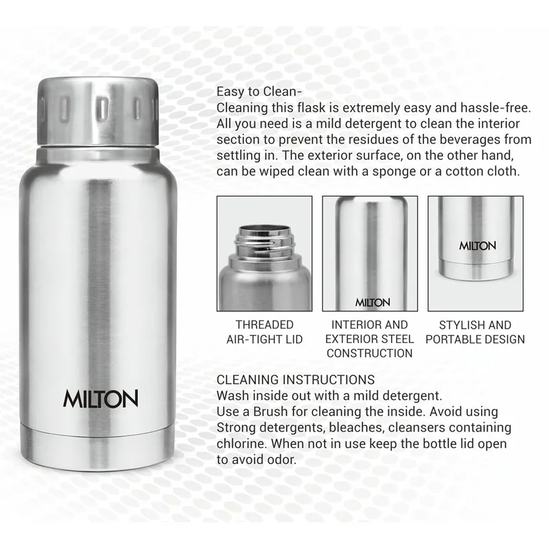 Milton  Milton 160ml Stainless Steel Water Bottle – Small Vacuum Insulated Flask Keeps Drinks Hot or Cold for 24 Hours, Leakproof Metal Flask for Travel, Office, Gym & School – Elfin  | Best Price UAE