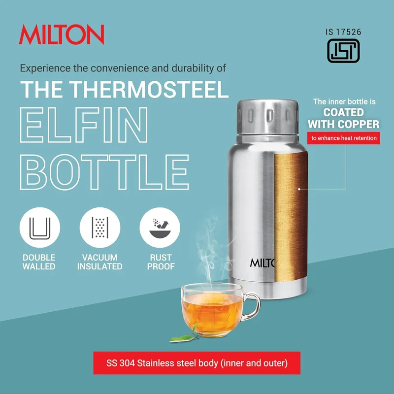 Milton  Milton 160ml Stainless Steel Water Bottle – Small Vacuum Insulated Flask Keeps Drinks Hot or Cold for 24 Hours, Leakproof Metal Flask for Travel, Office, Gym & School – Elfin  | Best Price UAE