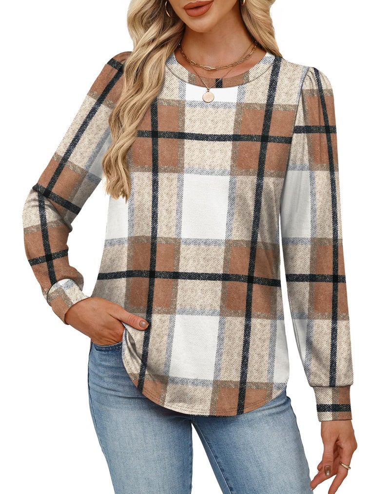 Alaroo Plus Size Tops for Women Long Sleeve Plaid Shirts Fall Fashion Outfits Basic Crewneck Sweatshirts 2025 Print 1 2XL - Image 3