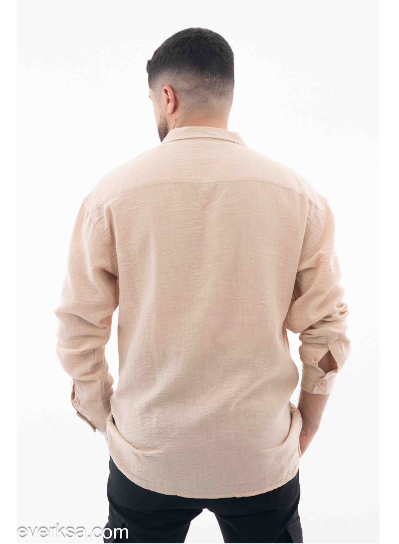 Everest Men's Plain Linen Long Sleeve Shirt in Beige - Image 2