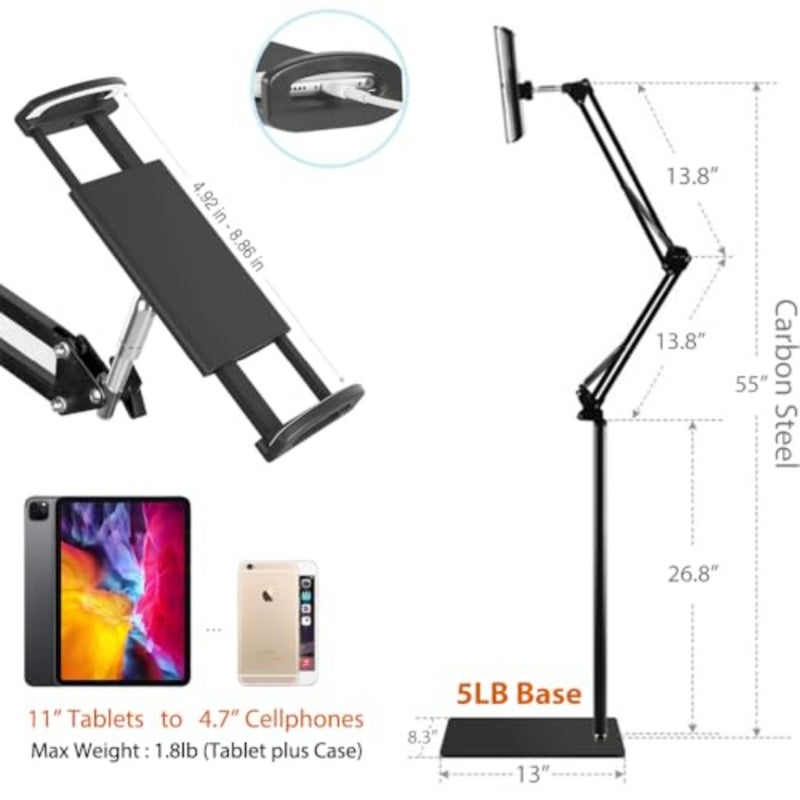 Tablet Floor Stand with 5LB Metal Base, Overhead Bed Phone Stand Angle Height Adjustable Holder, Universal Floor Stand Compatible with iPhone iPad Pro Air Mini, Samsung Tab, Kindle, E-Readers… - Image 3