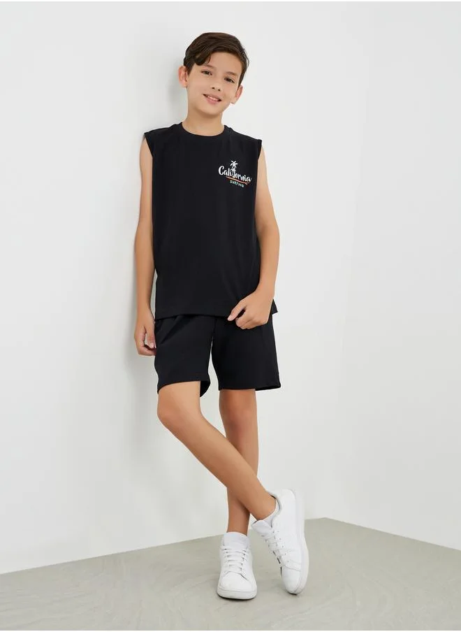 Styli Styli Boys Slogan Print Round Neck Tank and Drawstring Shorts Set