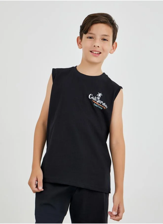 Styli Styli Boys Slogan Print Round Neck Tank and Drawstring Shorts Set
