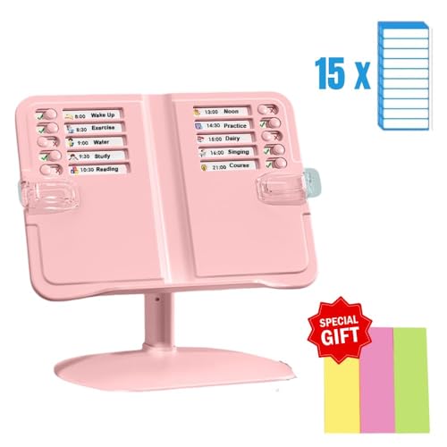 Jukusa Kids Schedule Board with Reading Stand, Adjustable Desktop Book Holder, Pink Book Reading Stand with Stickers, 15 Task Cards with Sticky Note - Image 2