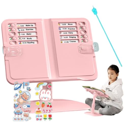 Jukusa Kids Schedule Board with Reading Stand, Adjustable Desktop Book Holder, Pink Book Reading Stand with Stickers, 15 Task Cards with Sticky Note - Image 1