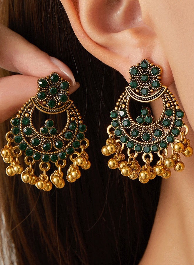 Indian Green Jhumka Earrings for Ladies - Traditional Ethnic Gold Plated Long Jhumka with Emerald Stones (Wedding & Festival Jewelry) - Image 2
