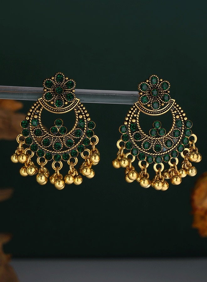 Indian Green Jhumka Earrings for Ladies - Traditional Ethnic Gold Plated Long Jhumka with Emerald Stones (Wedding & Festival Jewelry) - Image 3