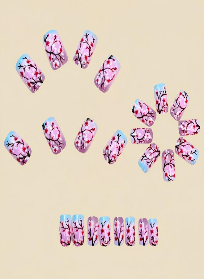 GRITOSE 24Pcs Spring Summer Pink Flower Press on Nails Square Medium Fake Nails Blue Pink Gradient False Nails with Cute Floral Branch Pattern Design Glossy Full Cover Artificial Nails for Women Girls - Image 3
