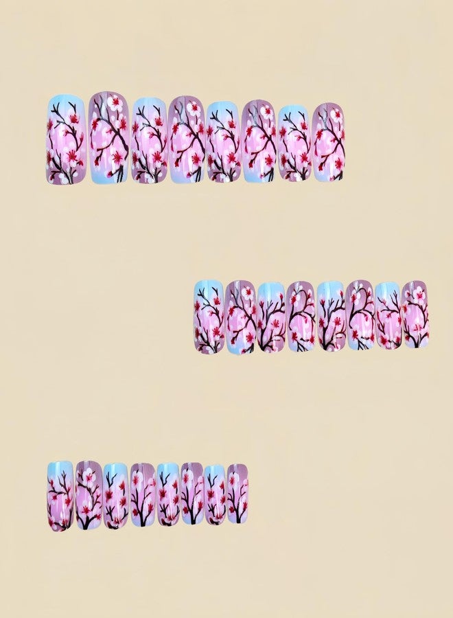 GRITOSE 24Pcs Spring Summer Pink Flower Press on Nails Square Medium Fake Nails Blue Pink Gradient False Nails with Cute Floral Branch Pattern Design Glossy Full Cover Artificial Nails for Women Girls - Image 4