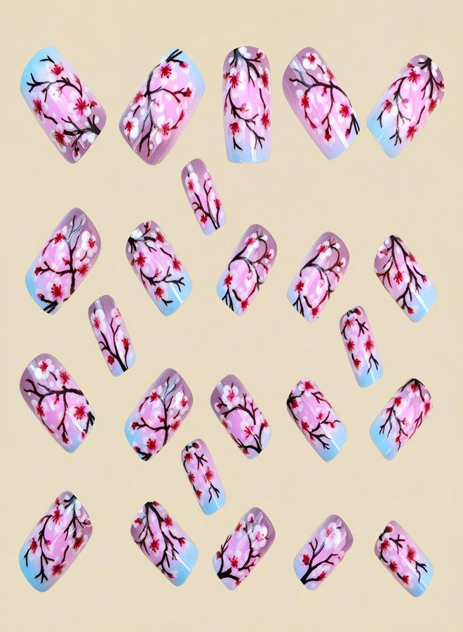 GRITOSE 24Pcs Spring Summer Pink Flower Press on Nails Square Medium Fake Nails Blue Pink Gradient False Nails with Cute Floral Branch Pattern Design Glossy Full Cover Artificial Nails for Women Girls - Image 2