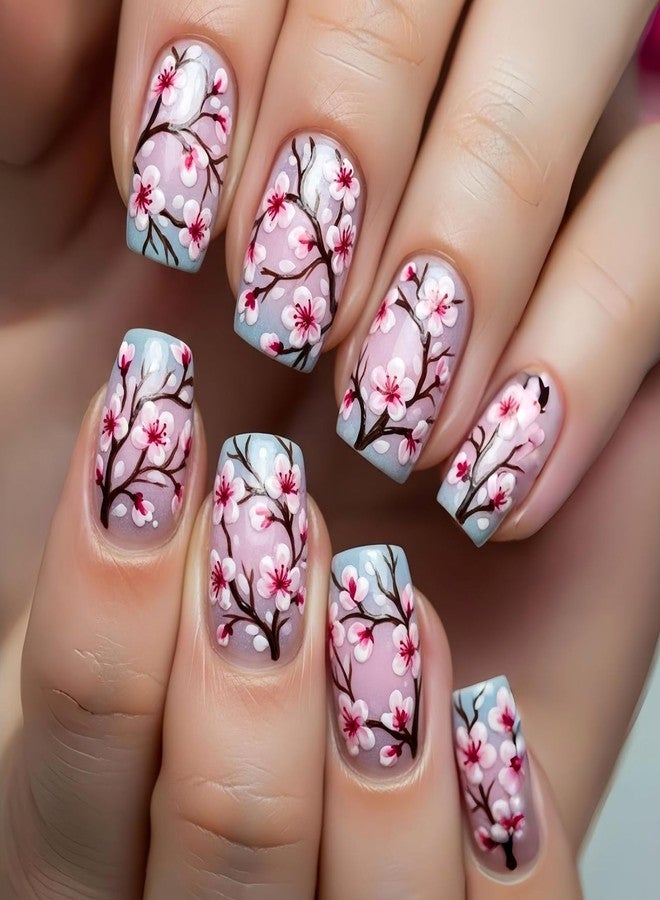 GRITOSE 24Pcs Spring Summer Pink Flower Press on Nails Square Medium Fake Nails Blue Pink Gradient False Nails with Cute Floral Branch Pattern Design Glossy Full Cover Artificial Nails for Women Girls - Image 1