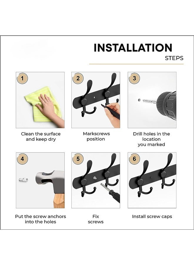 Wall Hanger With 5 Hooks Black 40x3.7cm,Wall Mounted Coat Rack, Five Heavy Duty Tri Hooks All Metal Construction for Jacket Coat Hat in Mudroom Entryway